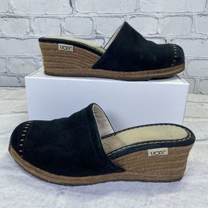Ugg‎ Palma Suede Espadrille Wedge Mule Black Womens Size 6 SN 1655 Sandals Clog